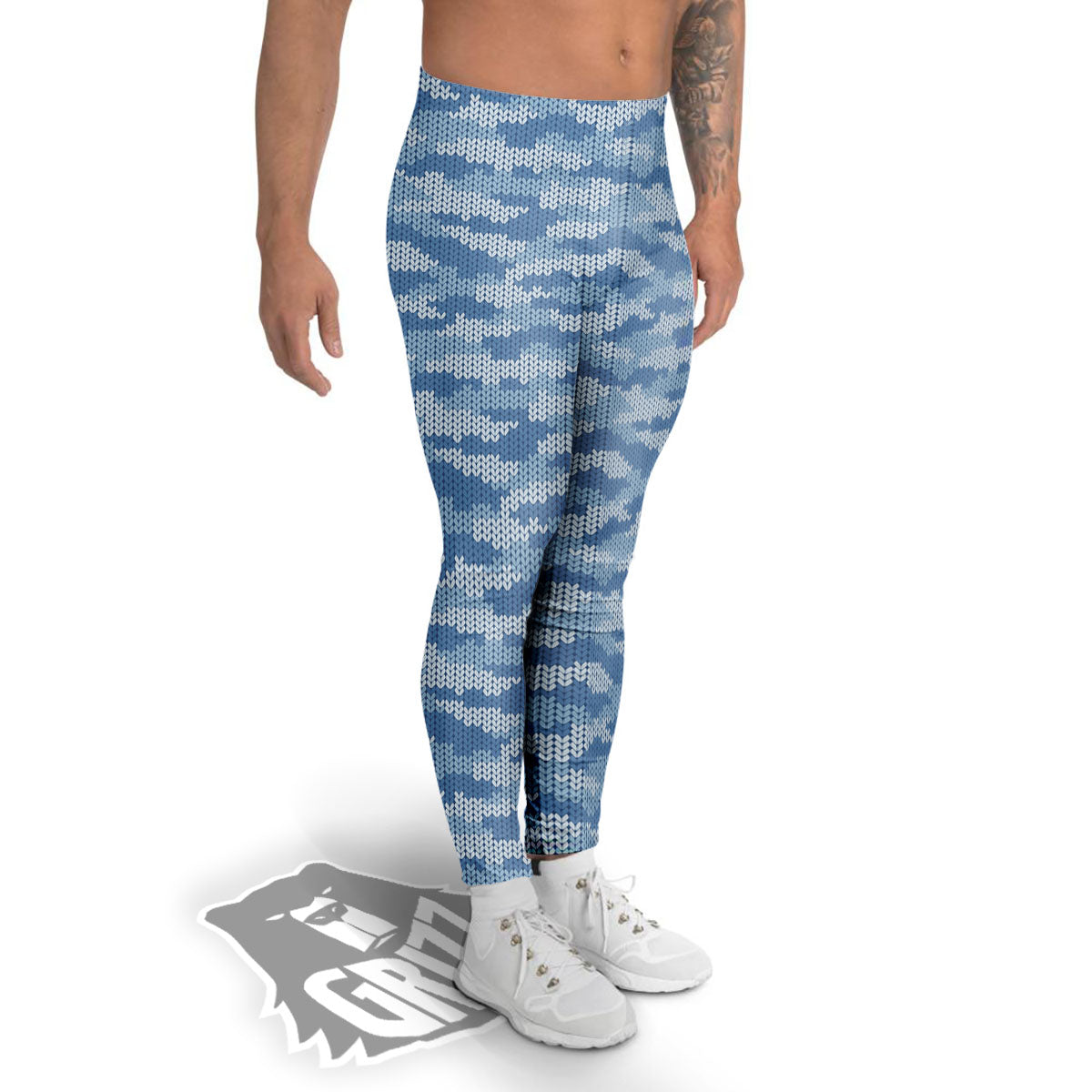 Knitted Blue Camouflage Print Pattern Men's Leggings-grizzshop