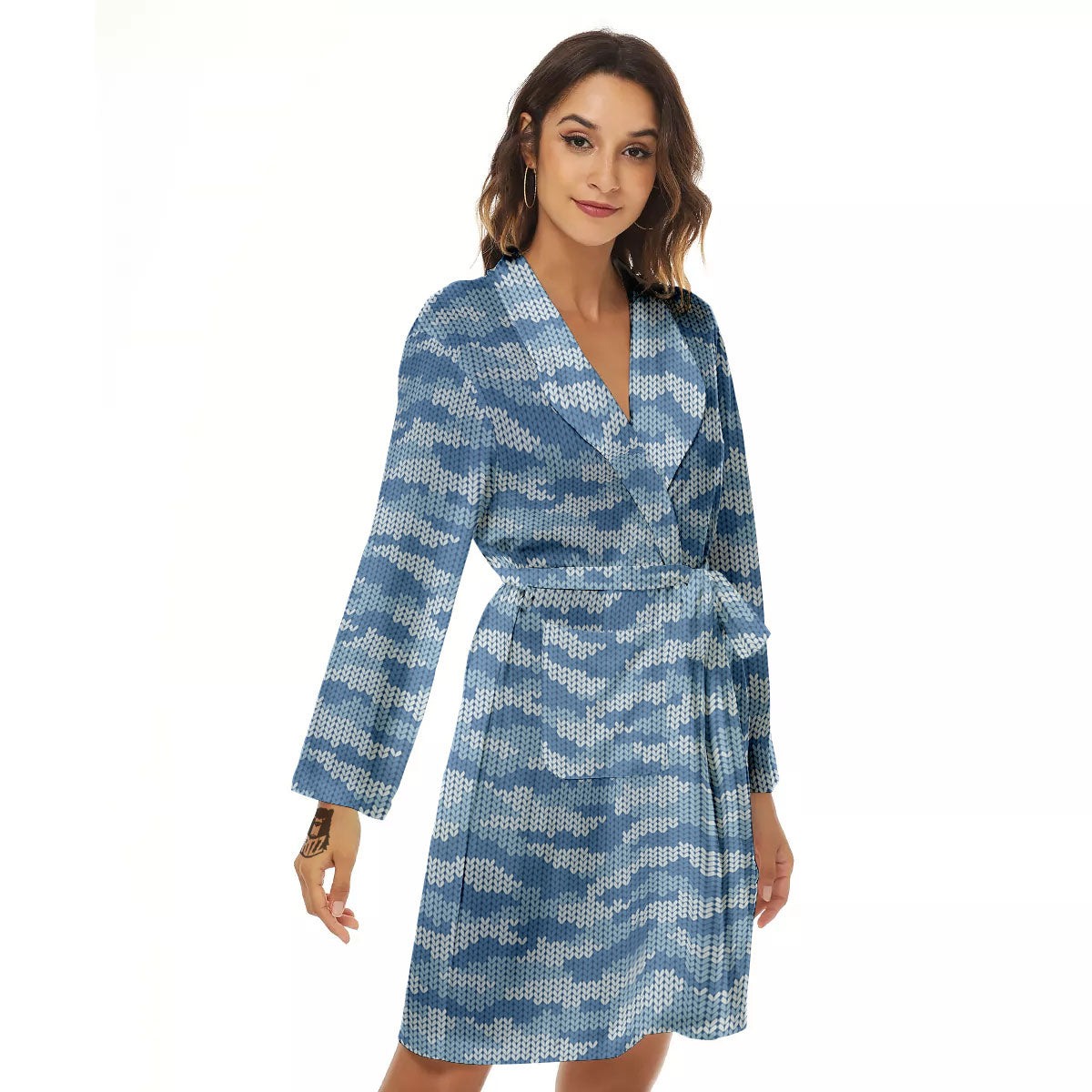 Knitted Blue Camouflage Print Pattern Women's Robe-grizzshop