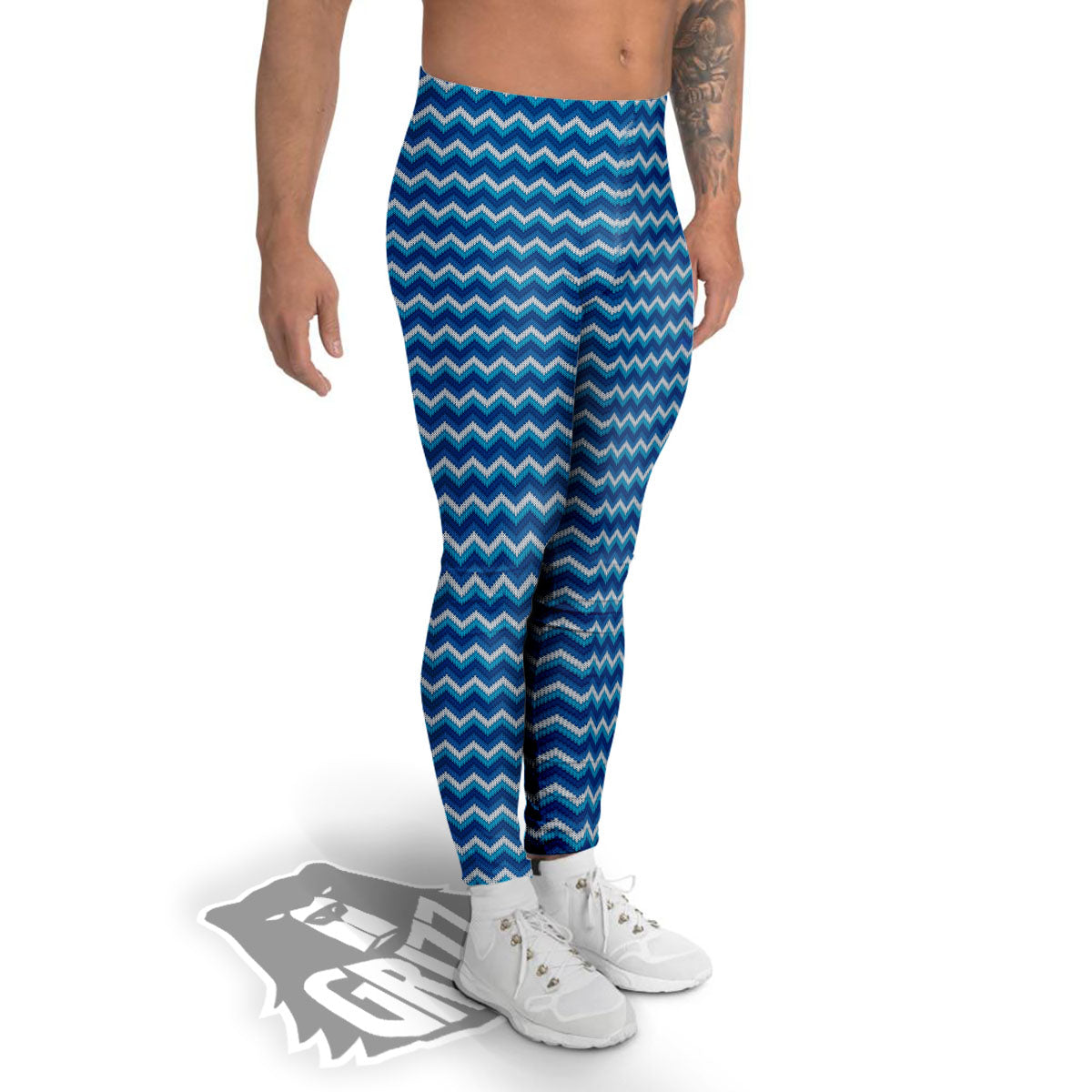 Knitted Blue Chevron Print Pattern Men's Leggings-grizzshop