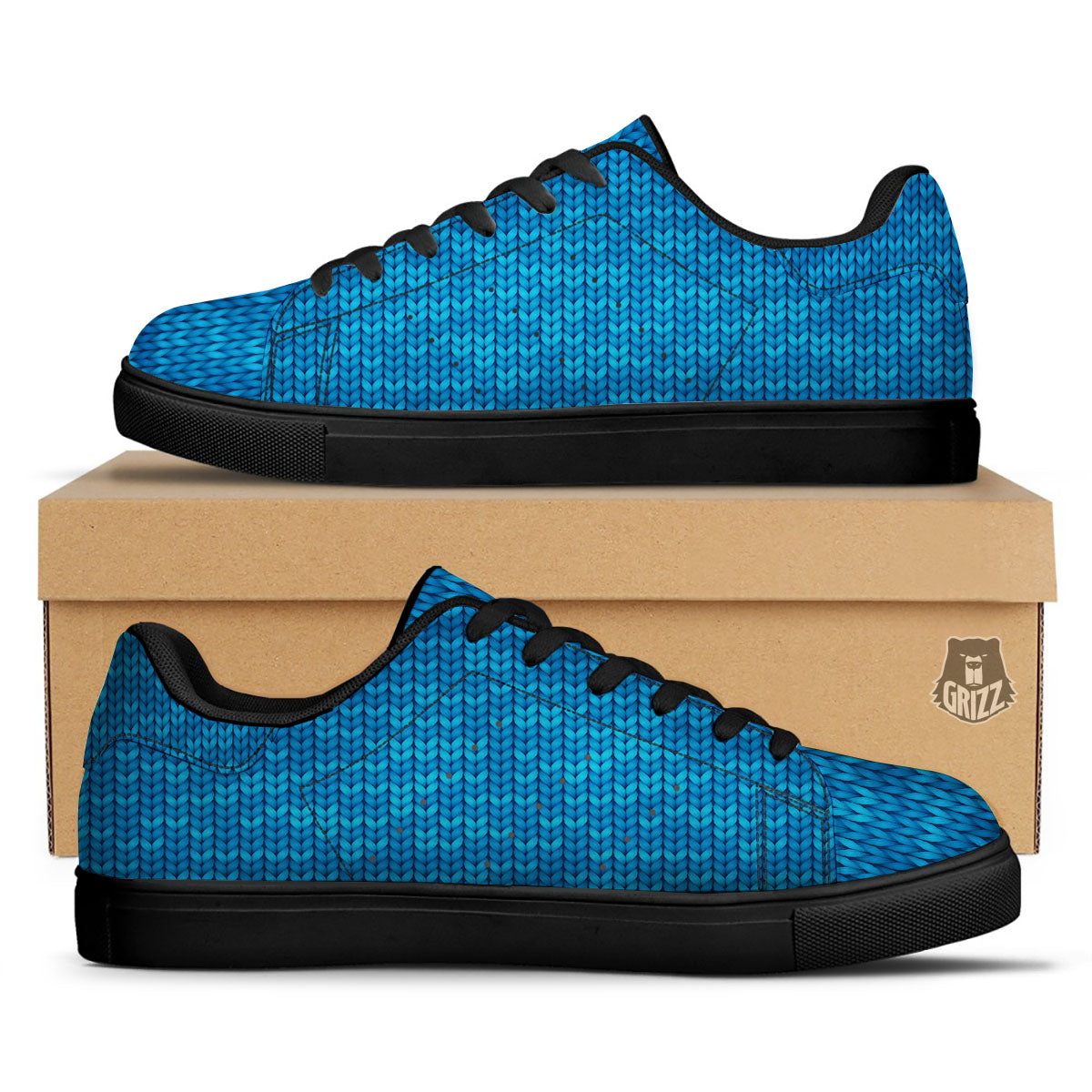 Knitted Blue Print Pattern Black Low Top Sneakers-grizzshop