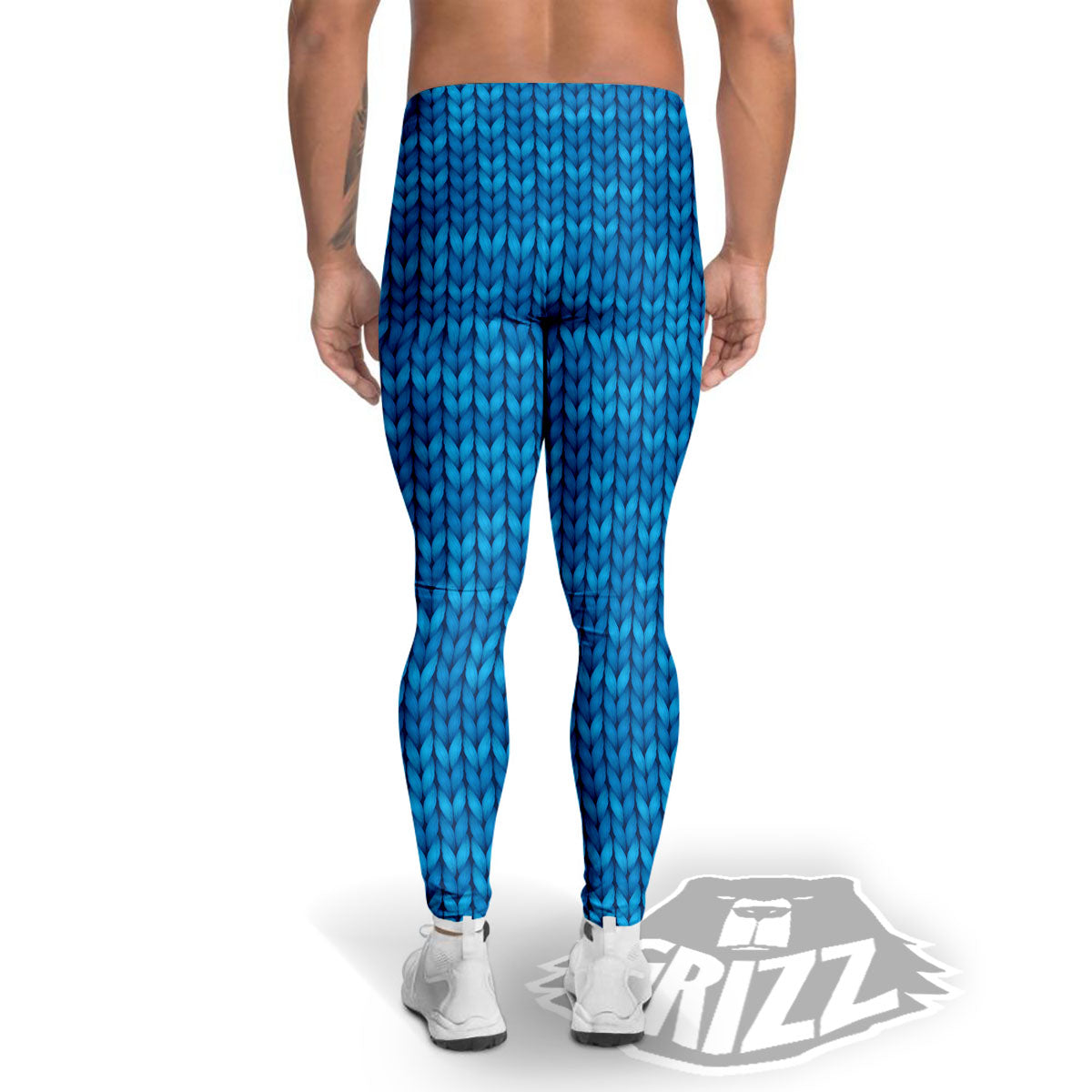 Knitted Blue Print Pattern Men's Leggings-grizzshop
