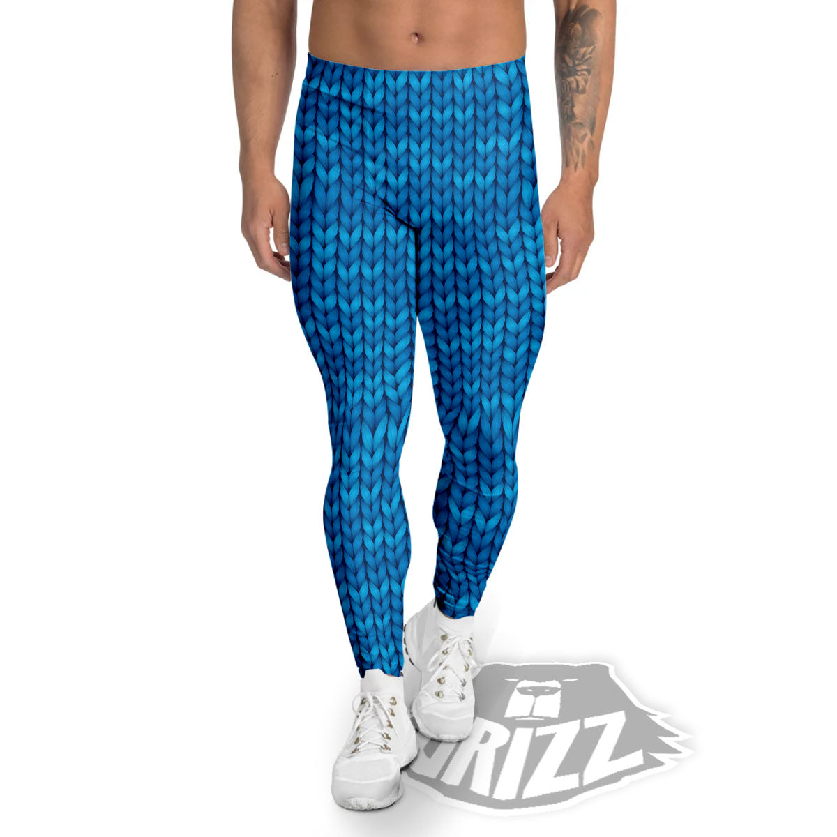 Knitted Blue Print Pattern Men's Leggings-grizzshop