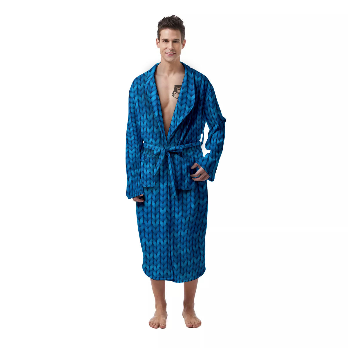 Knitted Blue Print Pattern Men's Robe-grizzshop
