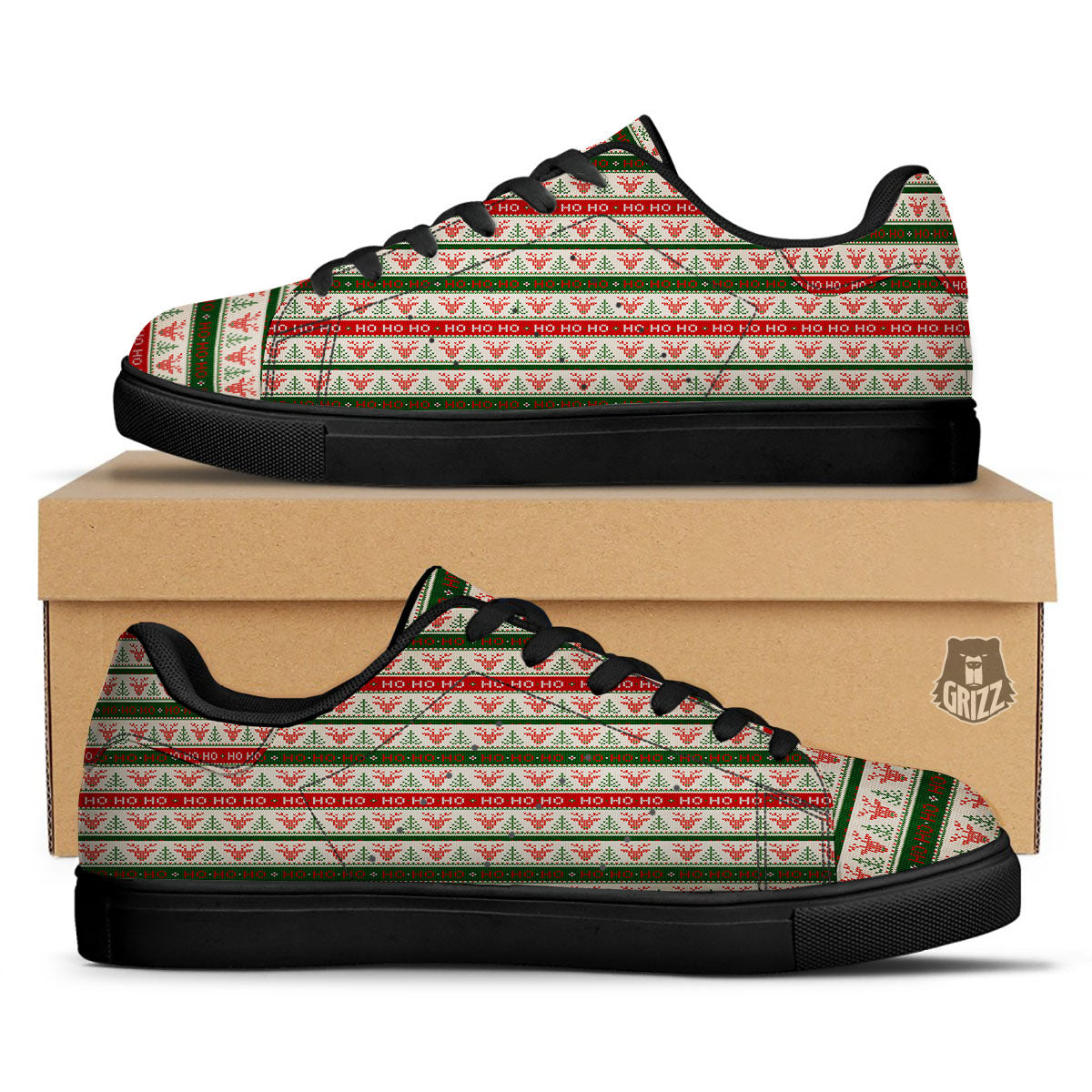 Knitted Christmas Print Pattern Black Low Top Sneakers-grizzshop