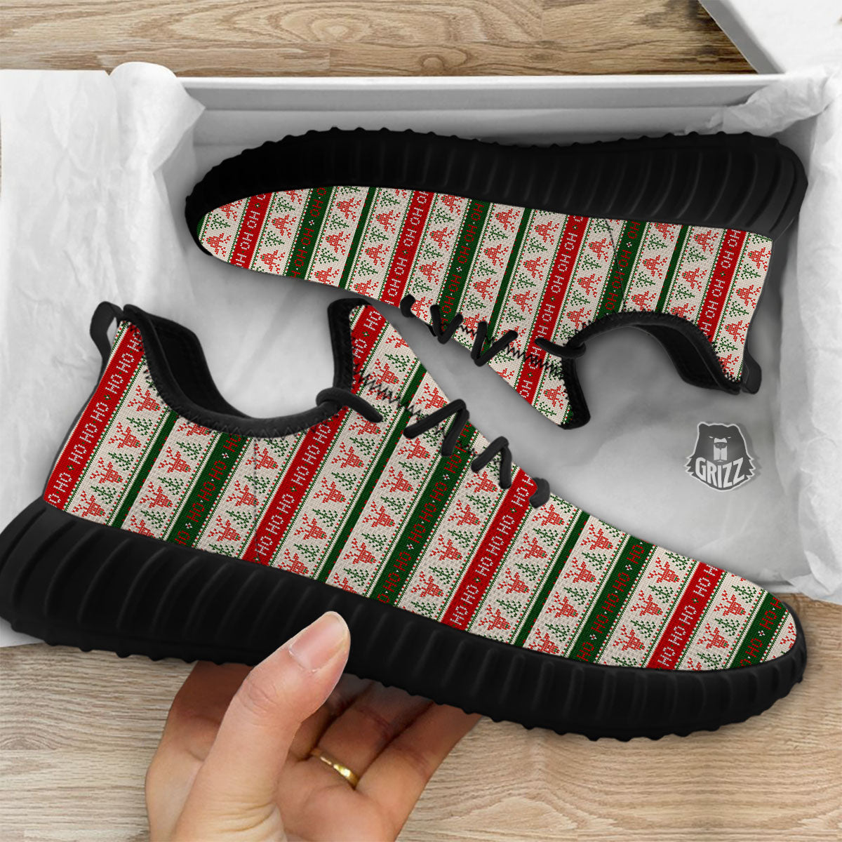 Knitted Christmas Print Pattern Black Walking Shoes-grizzshop