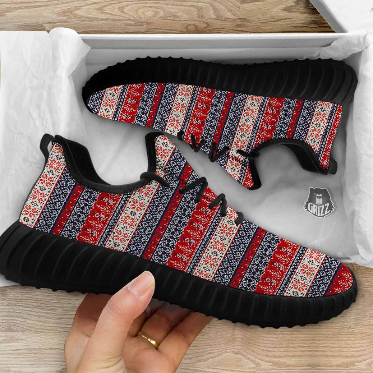 Knitted Christmas Snowman Print Pattern Black Walking Shoes-grizzshop