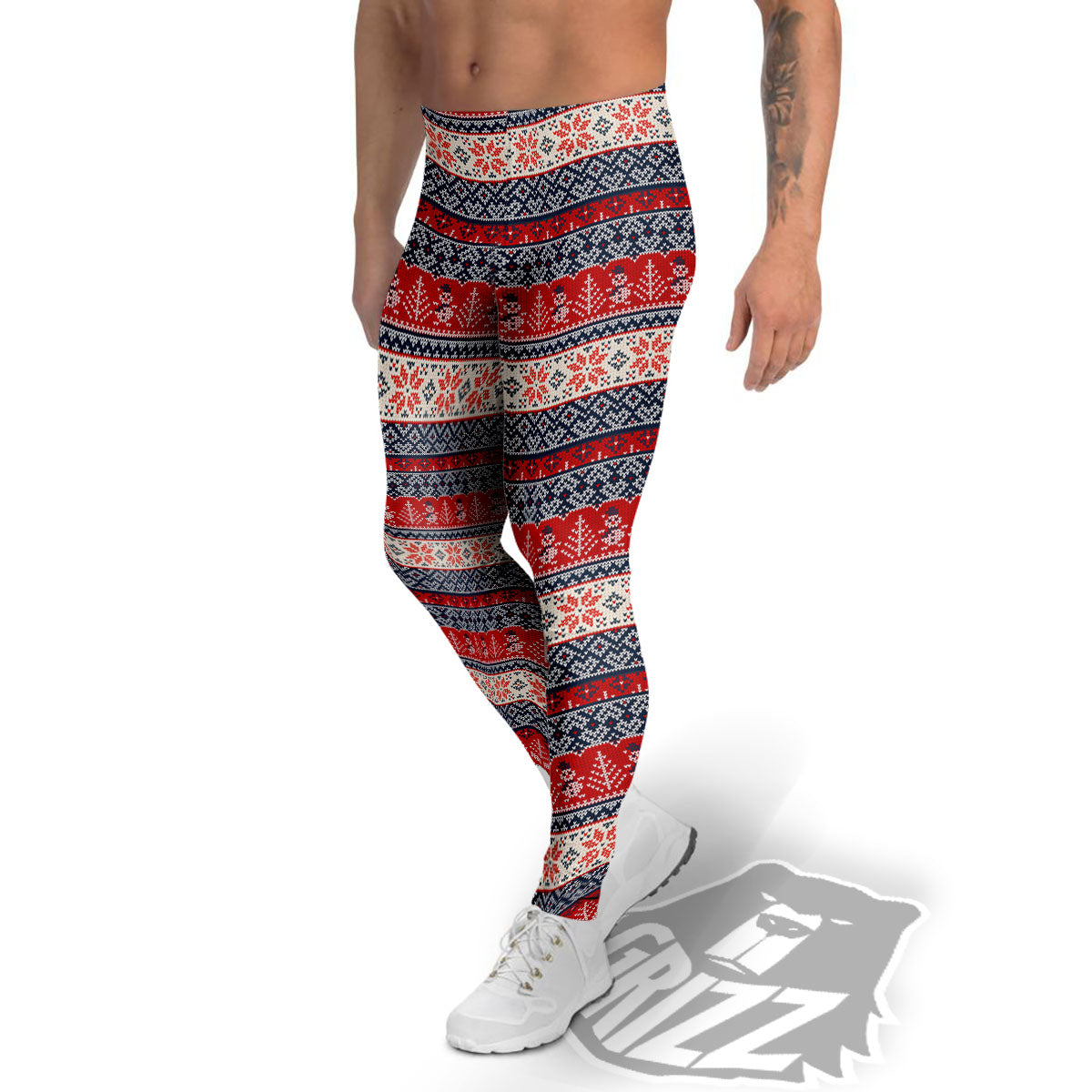 Knitted Christmas Snowman Print Pattern Men's Leggings-grizzshop