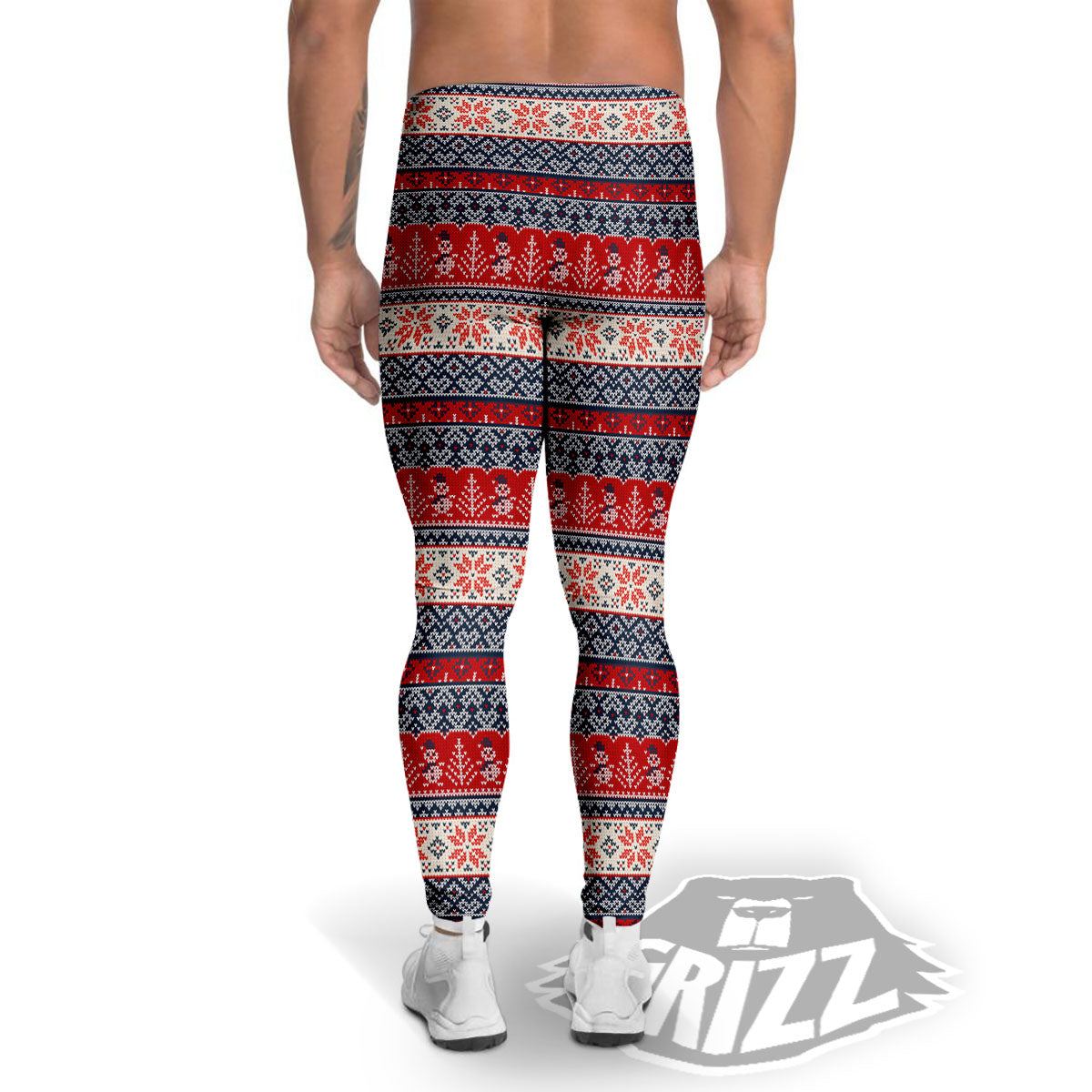 Knitted Christmas Snowman Print Pattern Men's Leggings-grizzshop