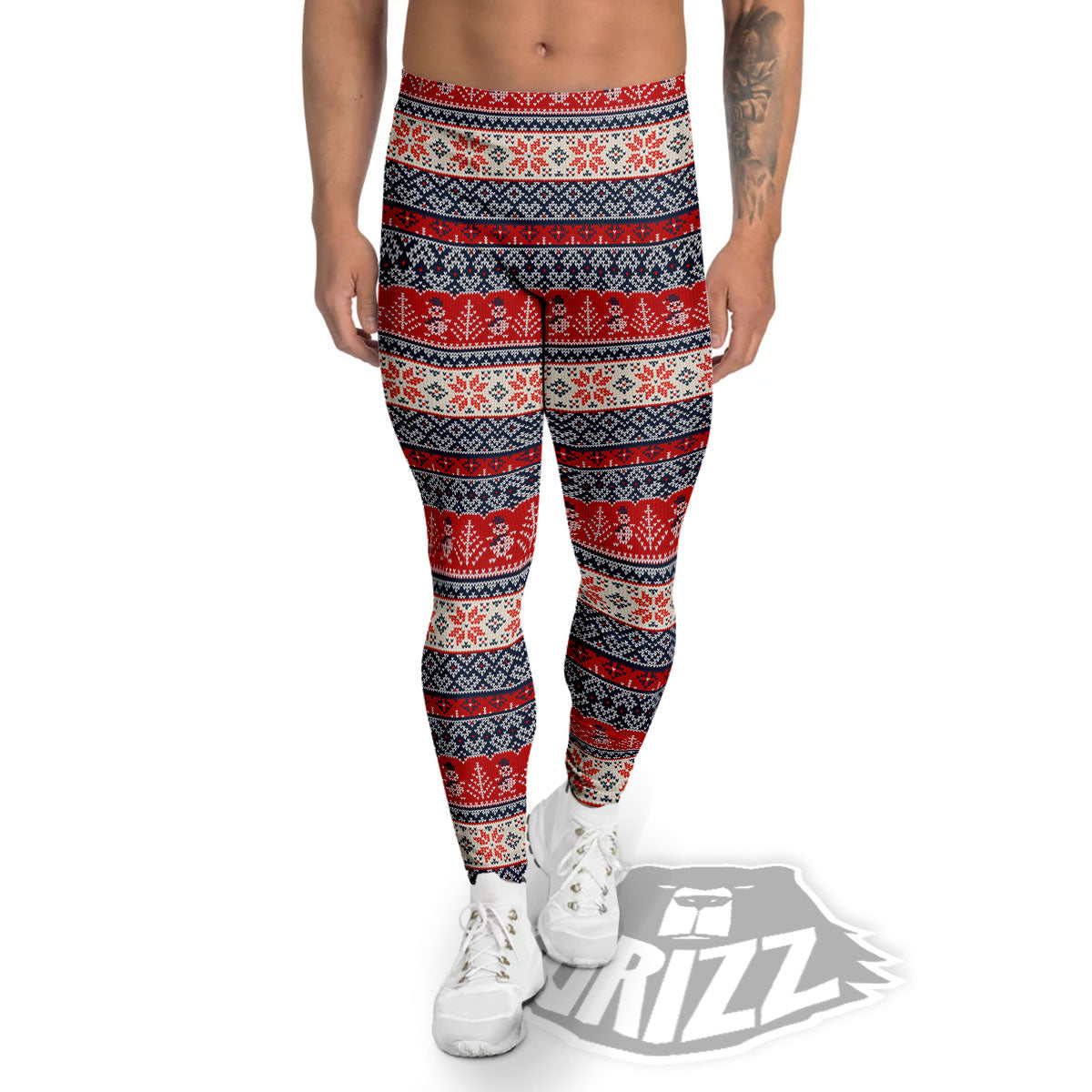 Knitted Christmas Snowman Print Pattern Men's Leggings-grizzshop