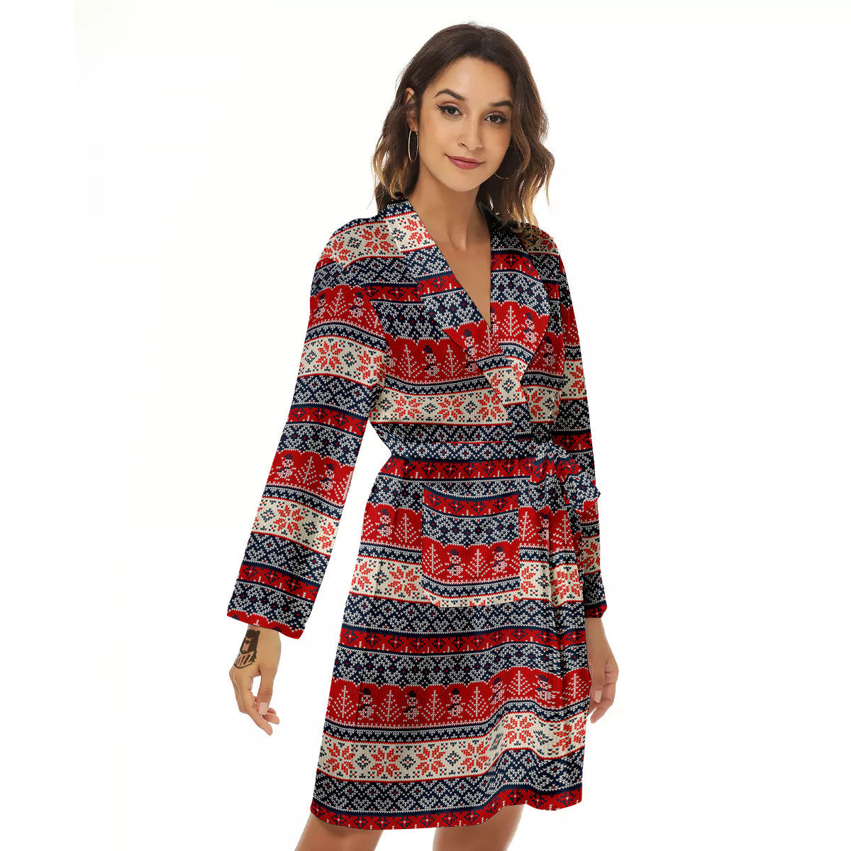Knitted Christmas Snowman Print Pattern Women's Robe-grizzshop