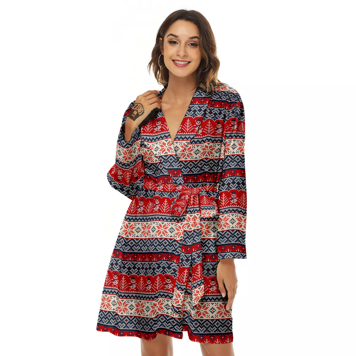 Knitted Christmas Snowman Print Pattern Women's Robe-grizzshop