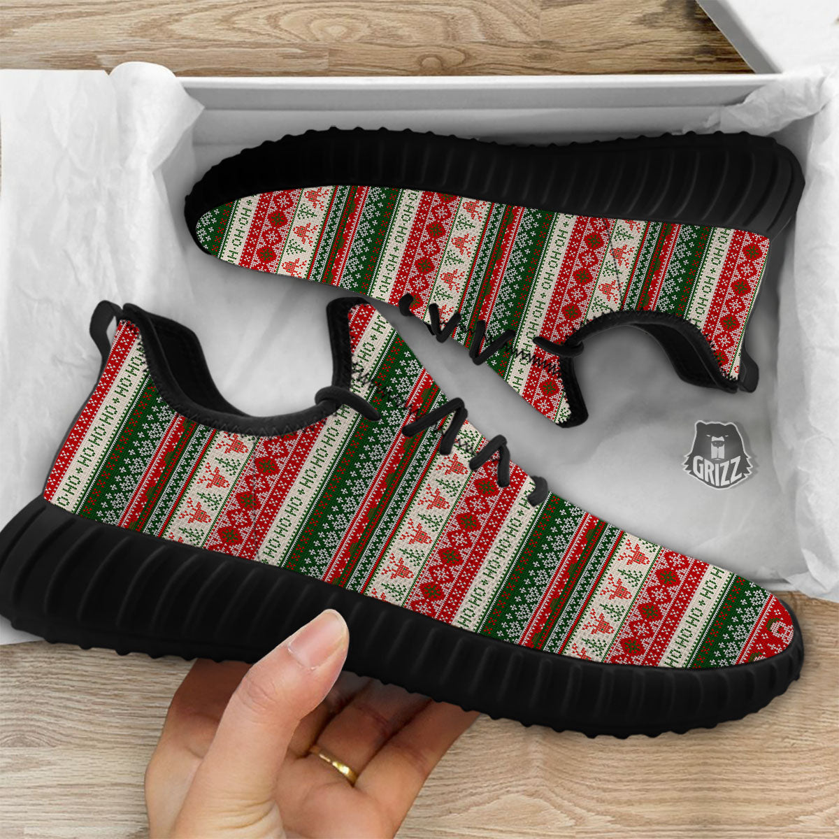 Knitted Christmas Tree Print Pattern Black Walking Shoes-grizzshop