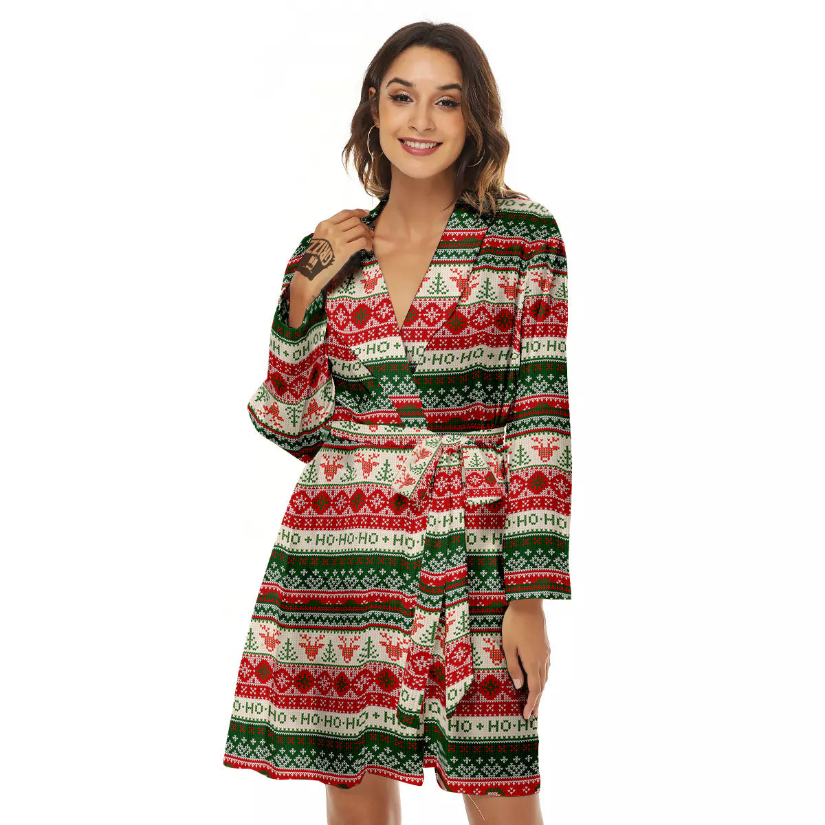 Knitted Christmas Tree Print Pattern Women's Robe-grizzshop