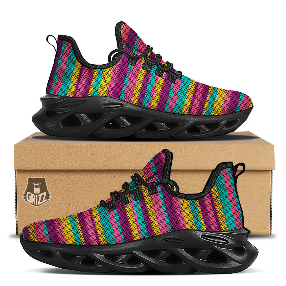 Knitted Colorful Print Pattern Black Running Shoes-grizzshop