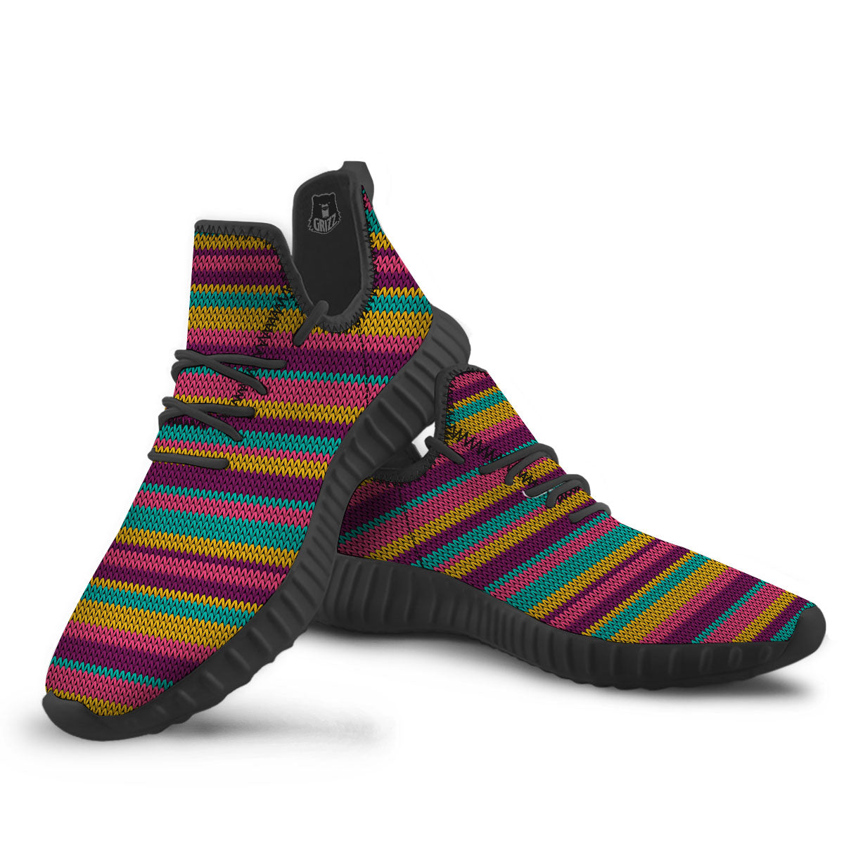 Knitted Colorful Print Pattern Black Walking Shoes-grizzshop