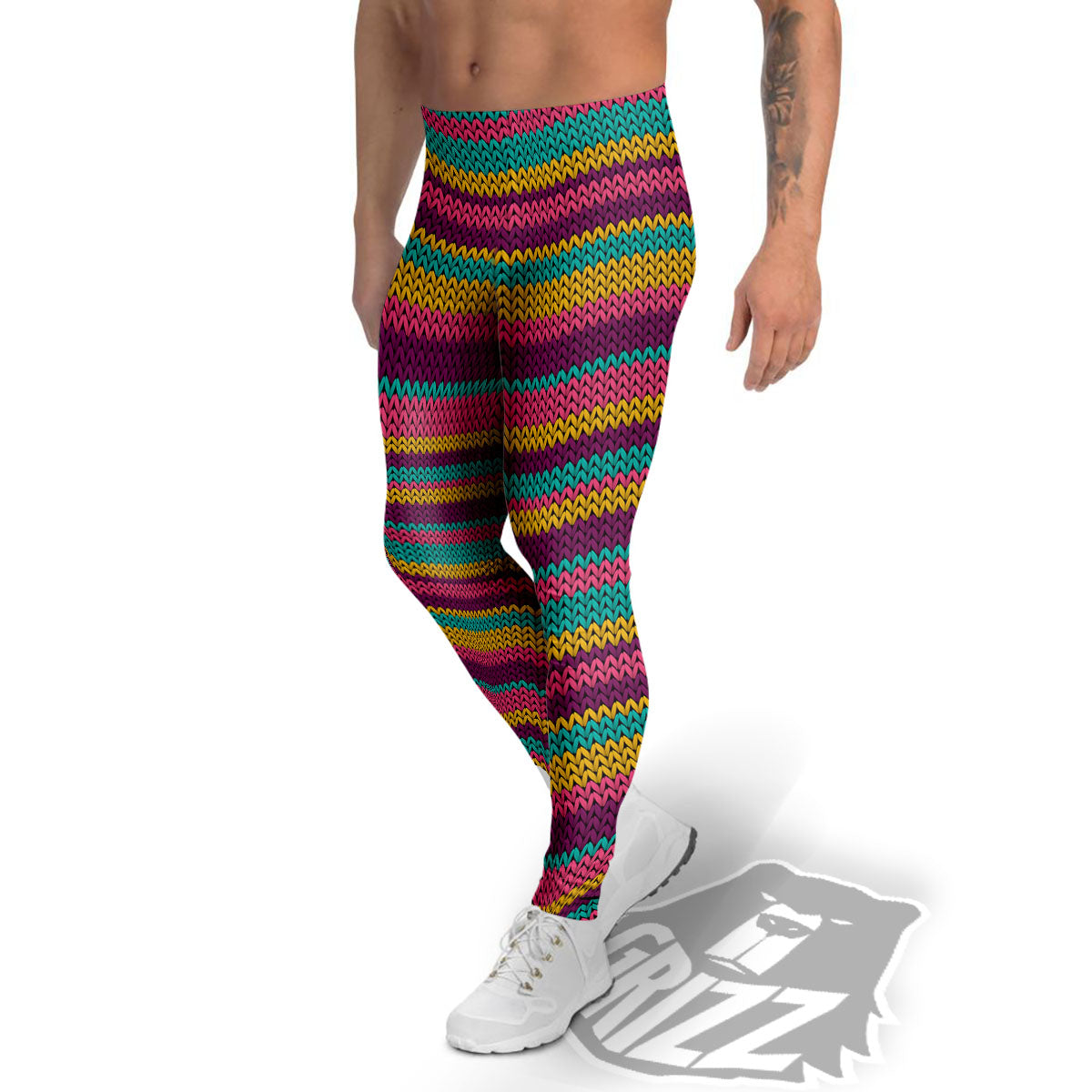 Knitted Colorful Print Pattern Men's Leggings-grizzshop