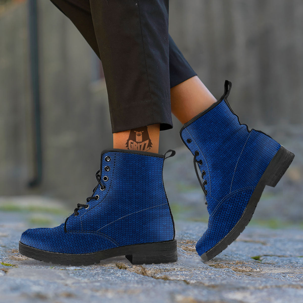 Knitted Deep Blue Print Pattern Leather Boots-grizzshop