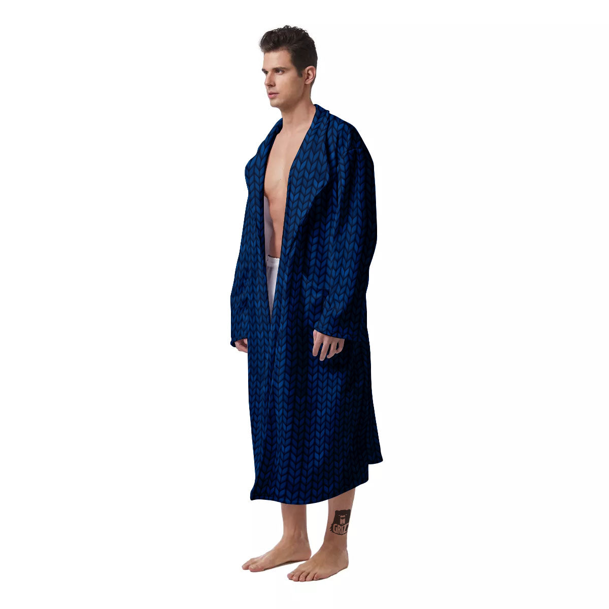 Knitted Deep Blue Print Pattern Men's Robe-grizzshop