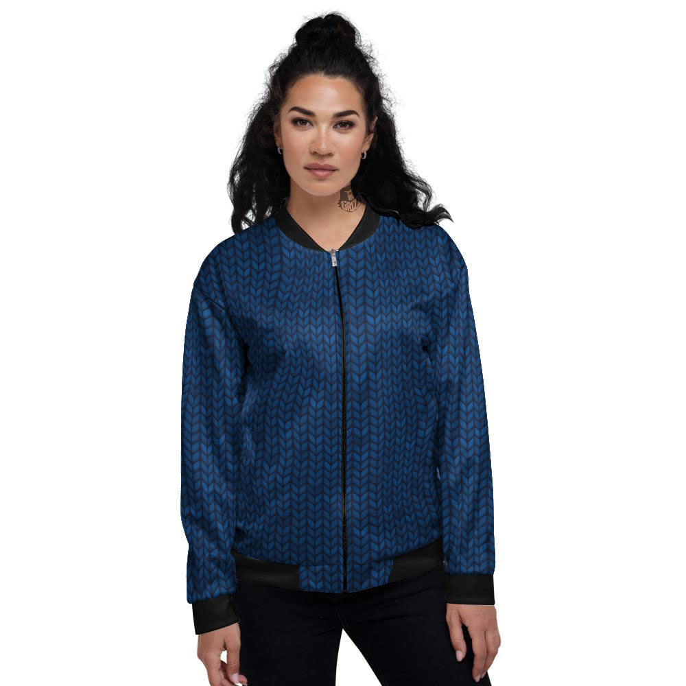 Knitted Deep Blue Print Pattern Women's Bomber Jacket-grizzshop