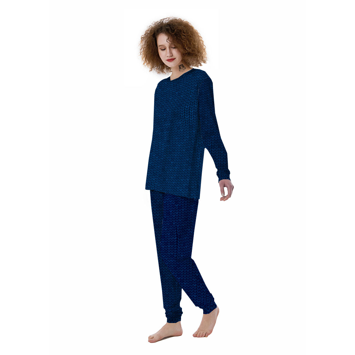 Knitted Deep Blue Print Pattern Women's Pajamas-grizzshop