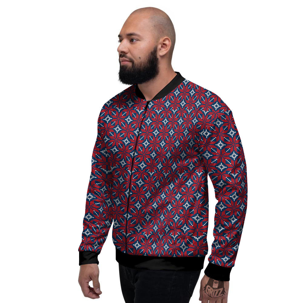 Knitted Flower Print Pattern Men's Bomber Jacket-grizzshop