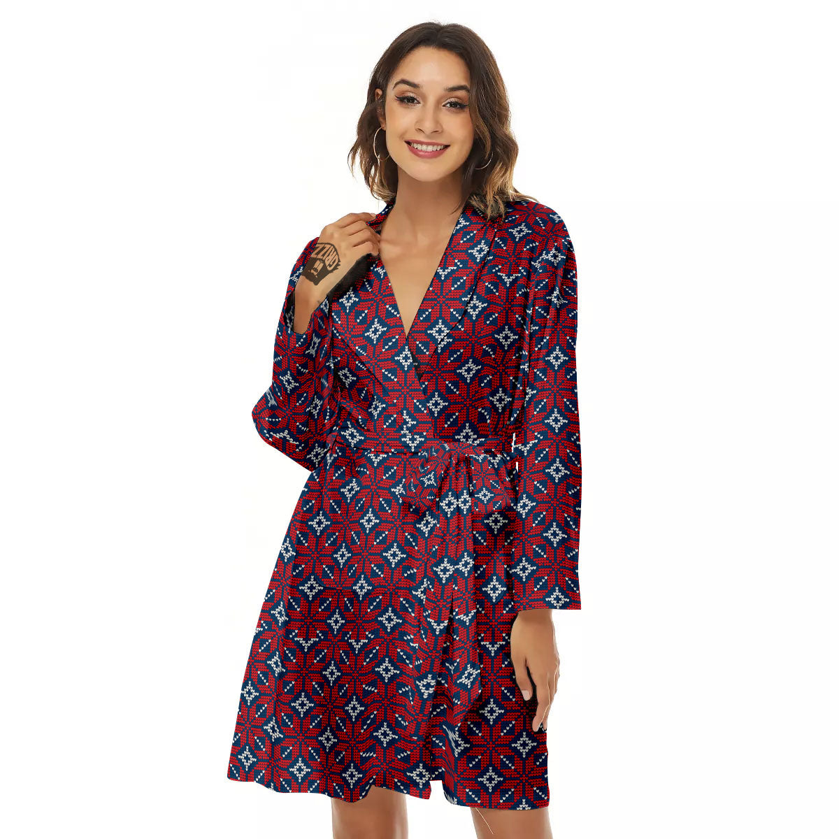 Knitted Flower Print Pattern Women's Robe-grizzshop