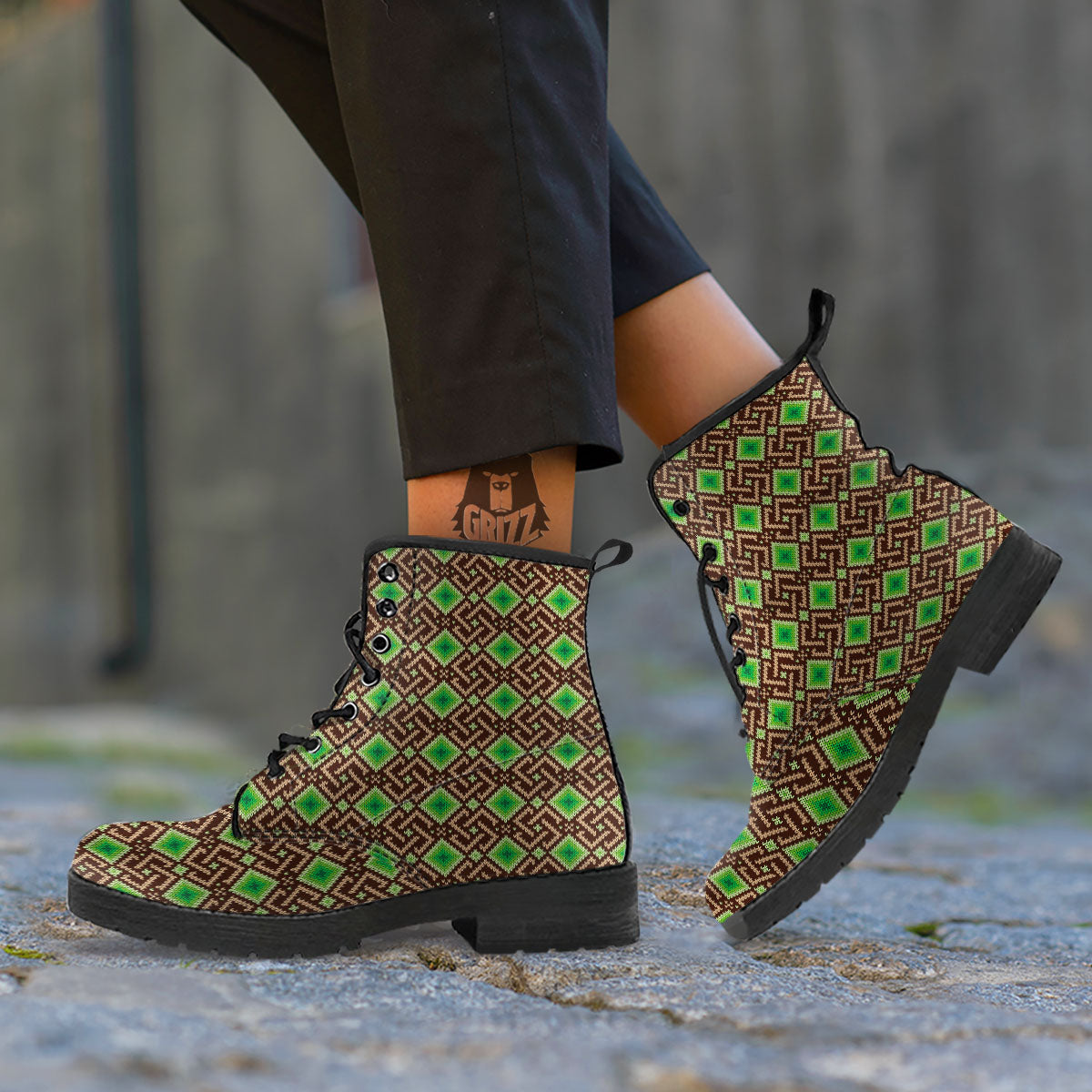 Knitted Geometric Print Pattern Leather Boots-grizzshop