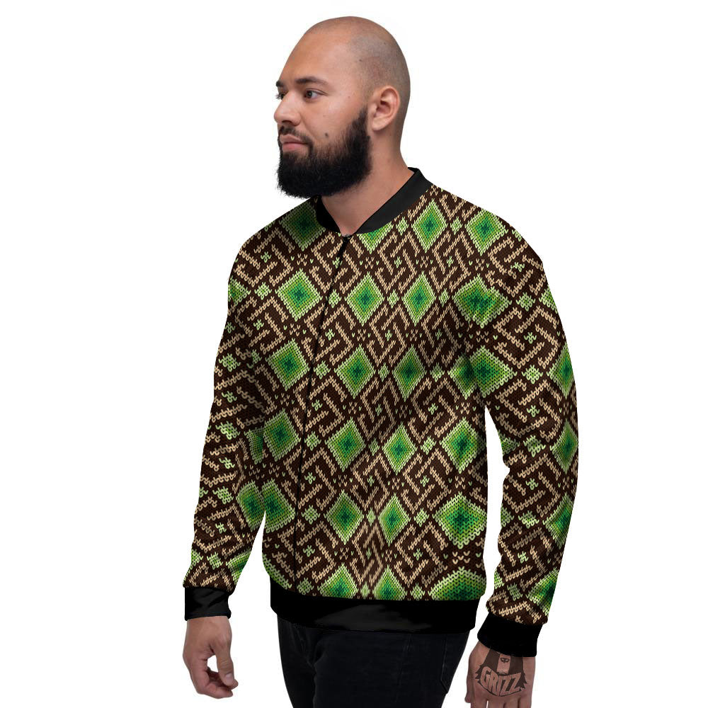 Knitted Geometric Print Pattern Men's Bomber Jacket-grizzshop