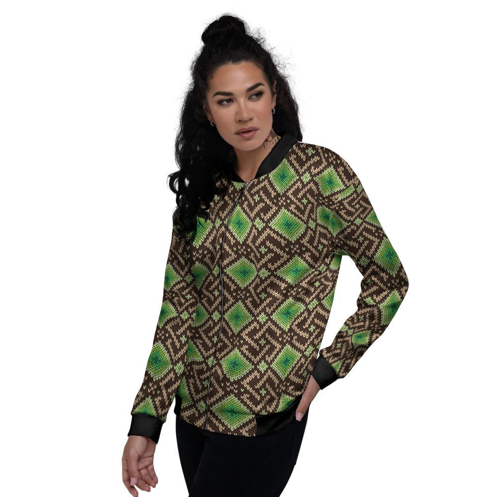 Knitted Geometric Print Pattern Women's Bomber Jacket-grizzshop