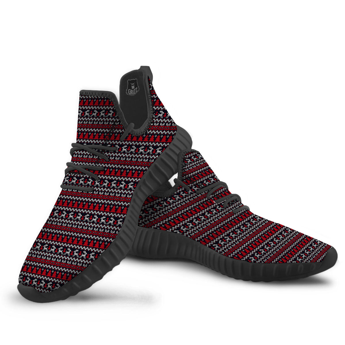 Knitted Geometric Xmas Print Pattern Black Walking Shoes-grizzshop