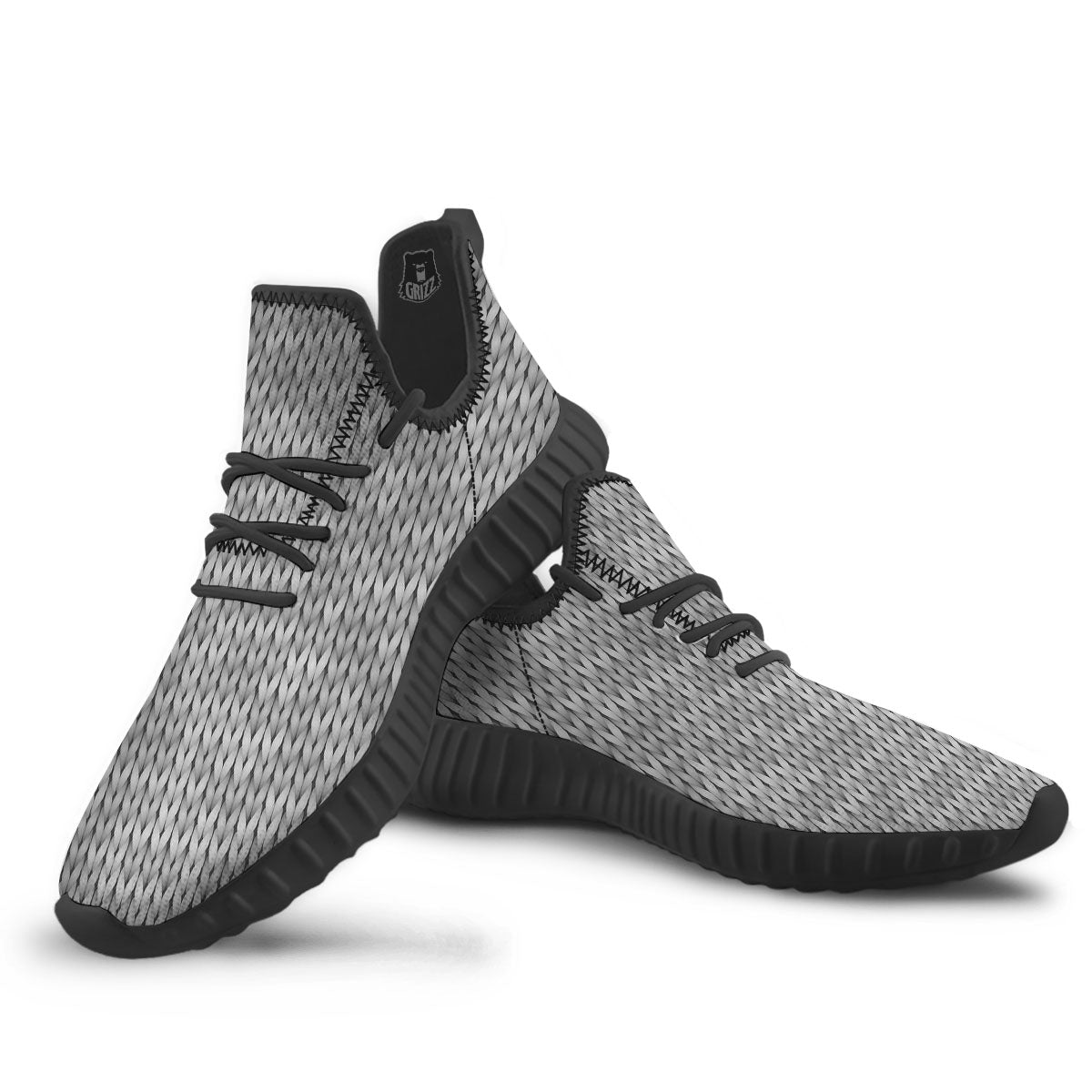 Knitted Grey Print Pattern Black Walking Shoes-grizzshop