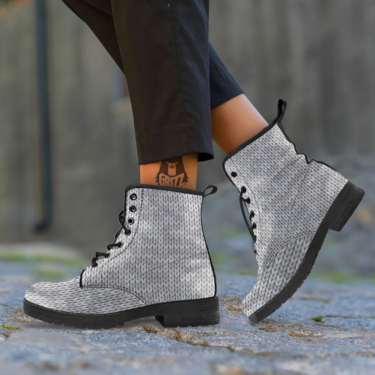 Knitted Grey Print Pattern Leather Boots-grizzshop