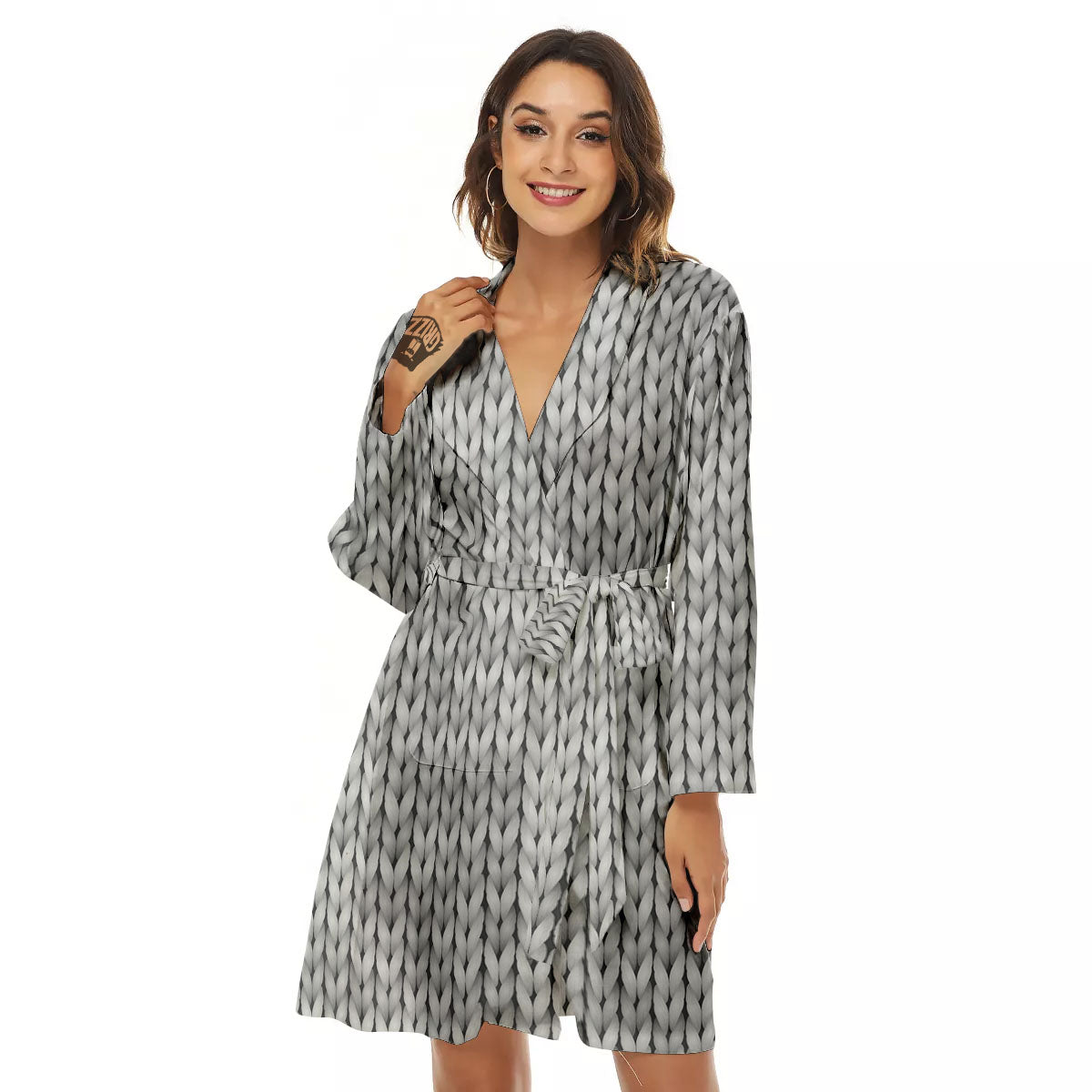 Knitted Grey Print Pattern Women's Robe-grizzshop