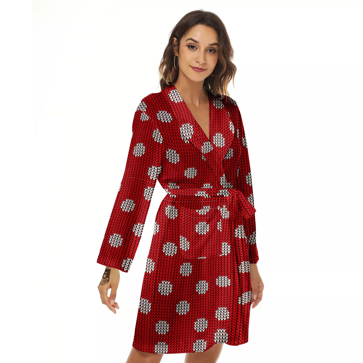 Knitted Polka Dot Print Pattern Women's Robe-grizzshop