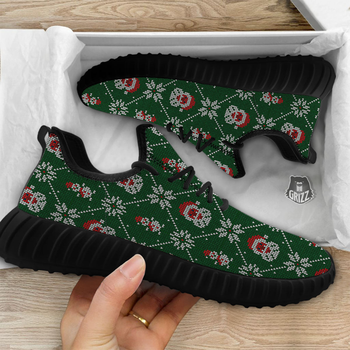 Knitted Santa Claus Print Pattern Black Walking Shoes-grizzshop