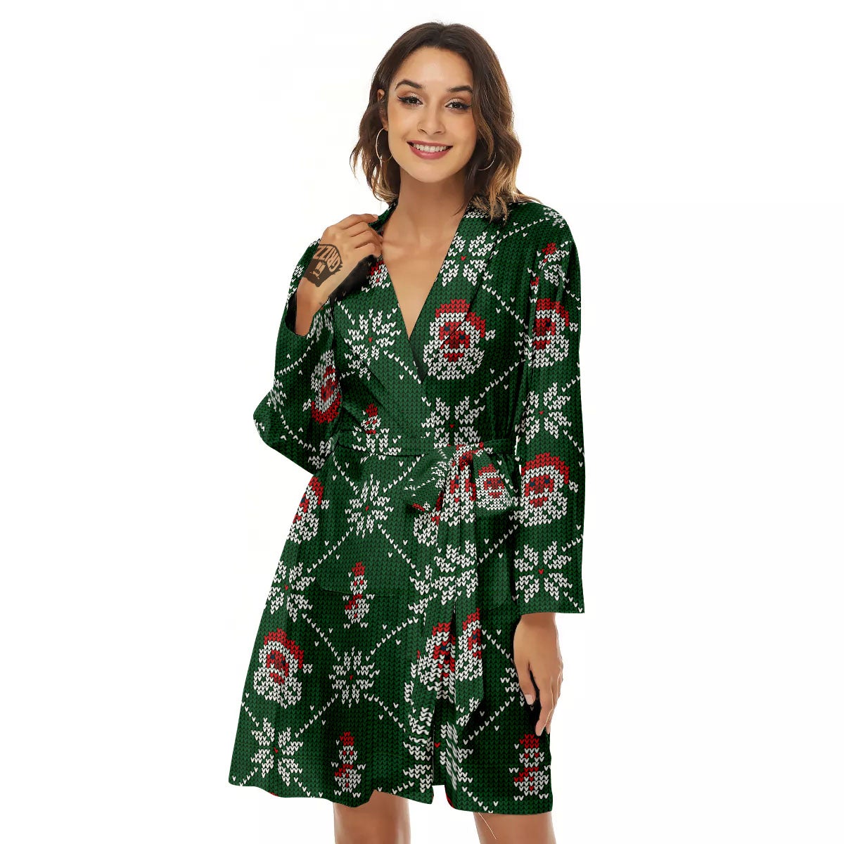 Knitted Santa Claus Print Pattern Women's Robe-grizzshop
