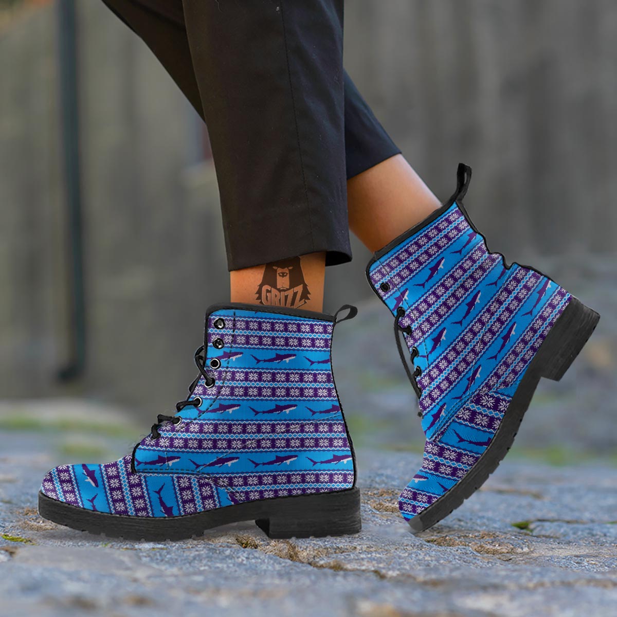 Knitted Shark Print Pattern Leather Boots-grizzshop