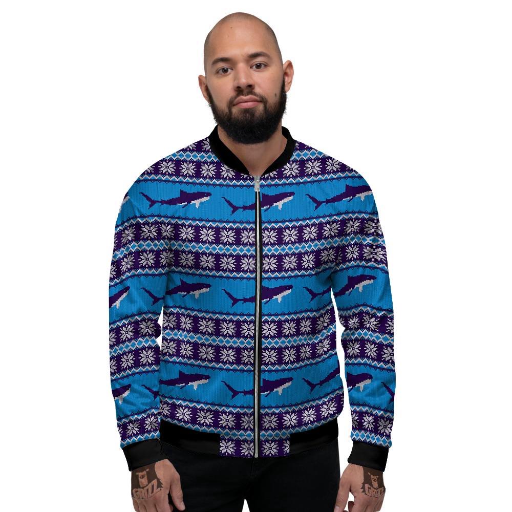 Knitted Shark Print Pattern Men's Bomber Jacket-grizzshop