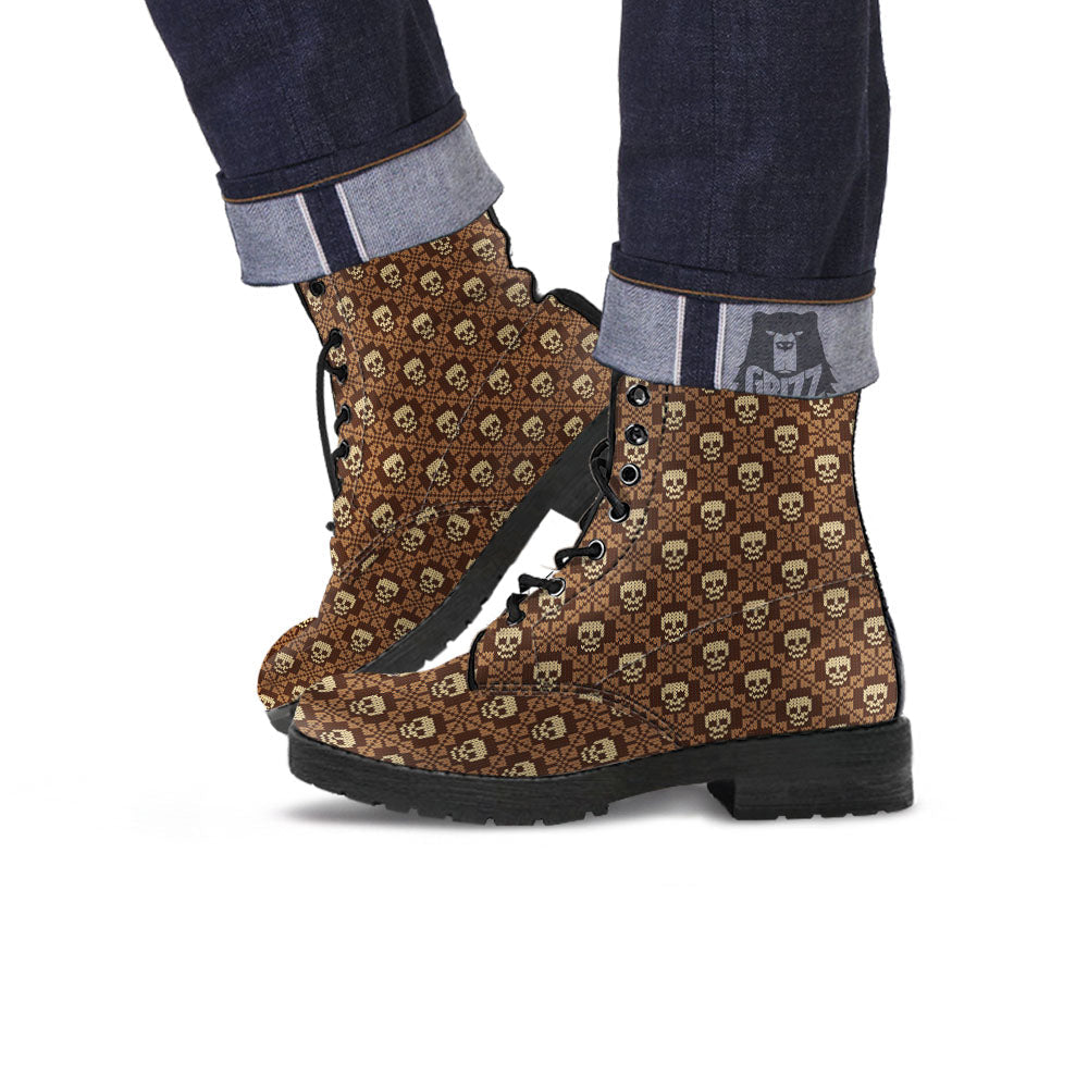 Knitted Skull Print Pattern Leather Boots-grizzshop