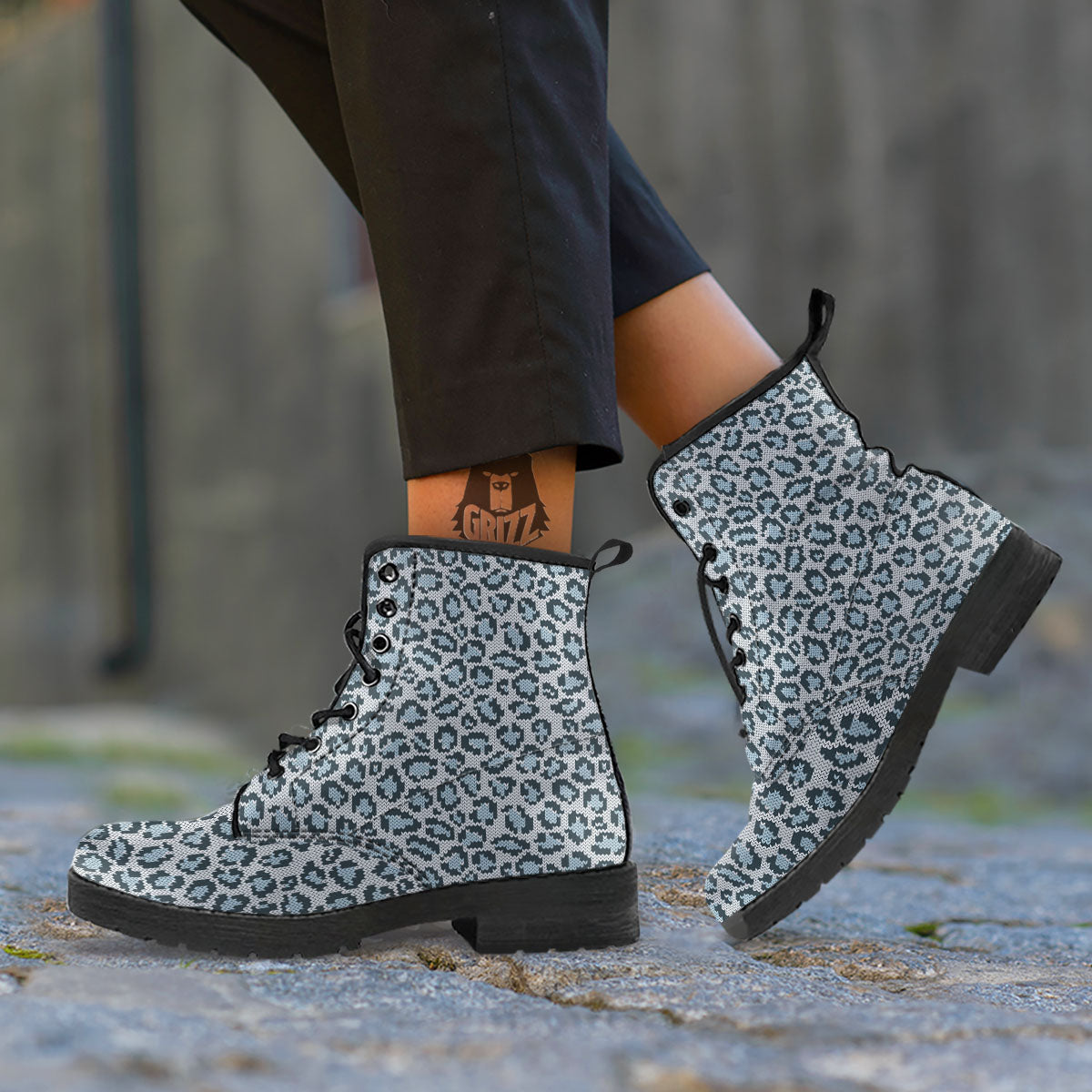 Knitted Snow Leopard Print Pattern Leather Boots-grizzshop