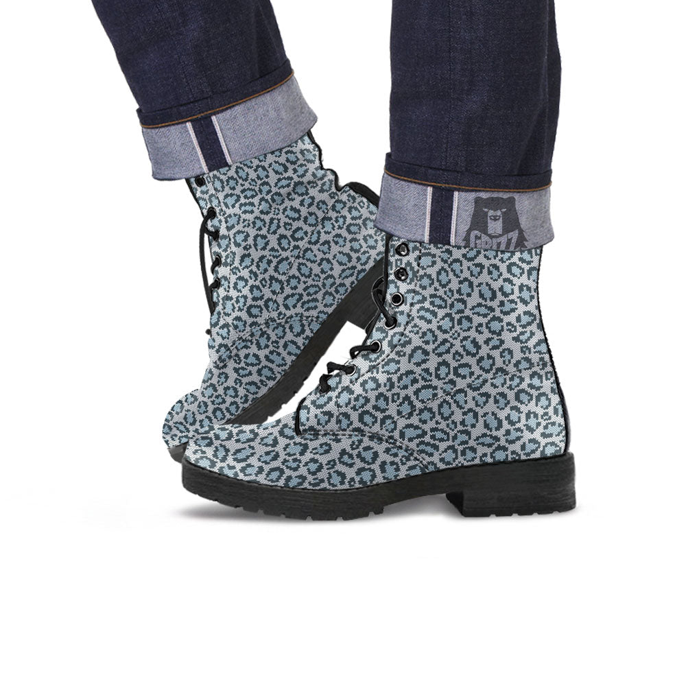 Knitted Snow Leopard Print Pattern Leather Boots-grizzshop