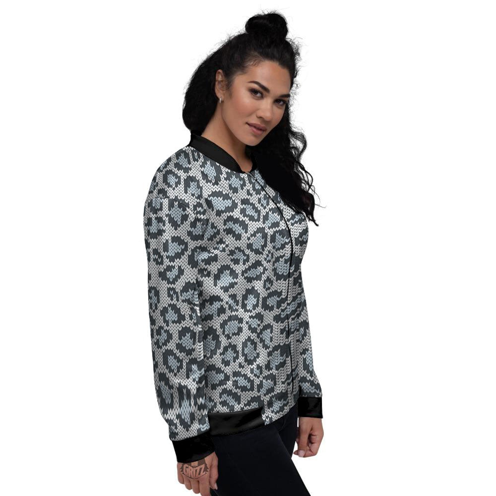 Knitted Snow Leopard Print Pattern Women's Bomber Jacket-grizzshop