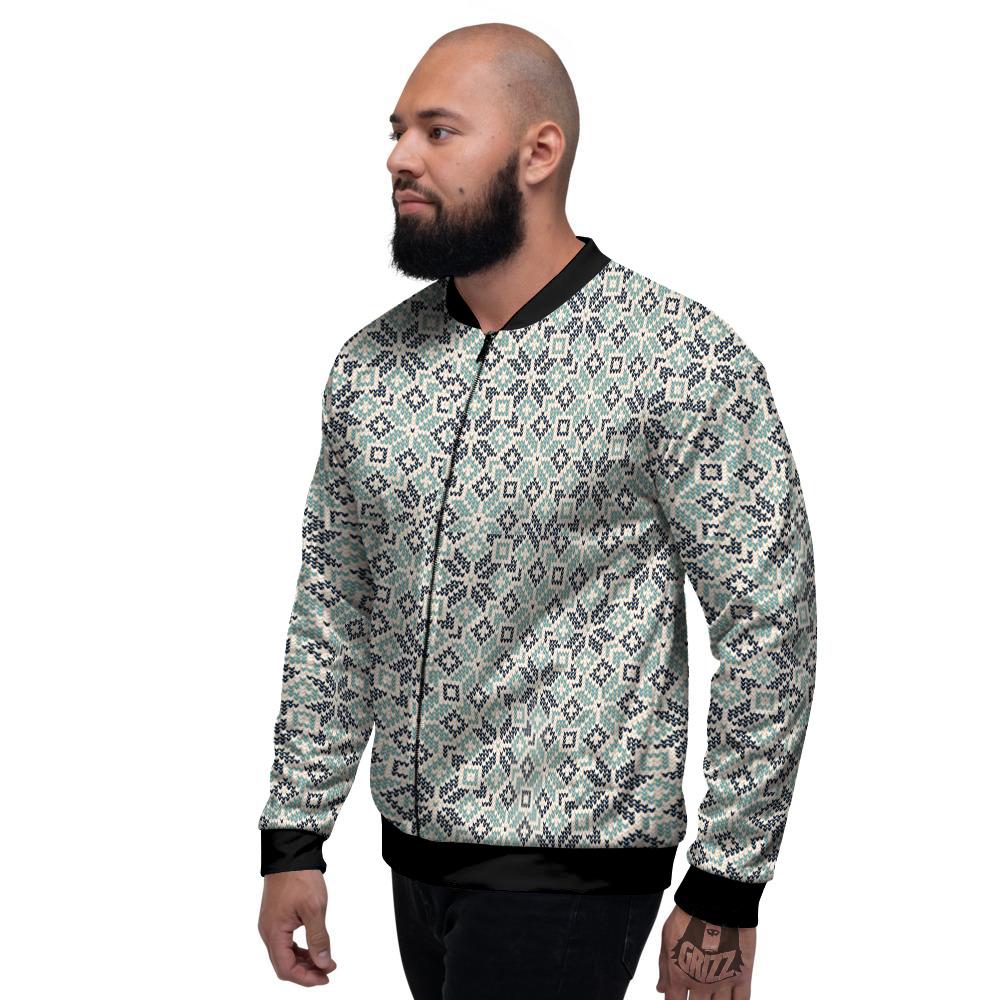 Knitted Snow Print Pattern Men's Bomber Jacket-grizzshop