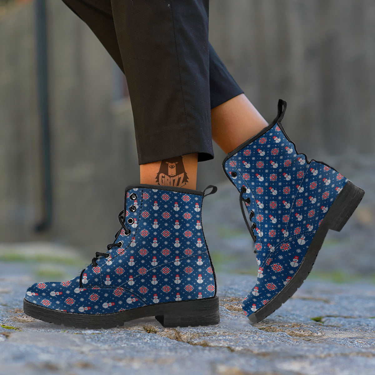Knitted Snowman Print Pattern Leather Boots-grizzshop