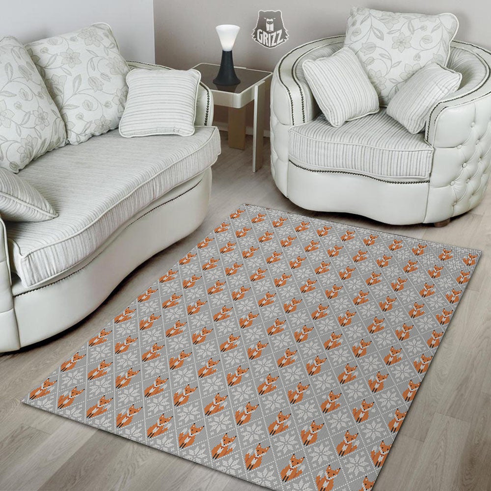 Knitted Snowy Fox Print Pattern Floor Mat-grizzshop