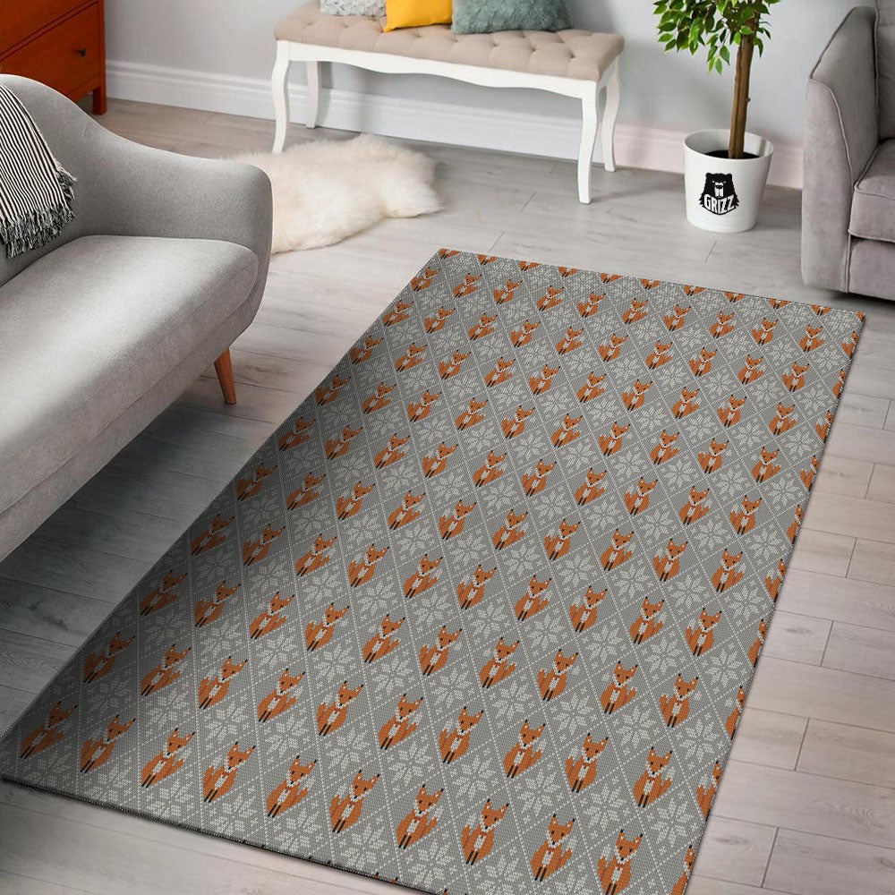 Knitted Snowy Fox Print Pattern Floor Mat-grizzshop