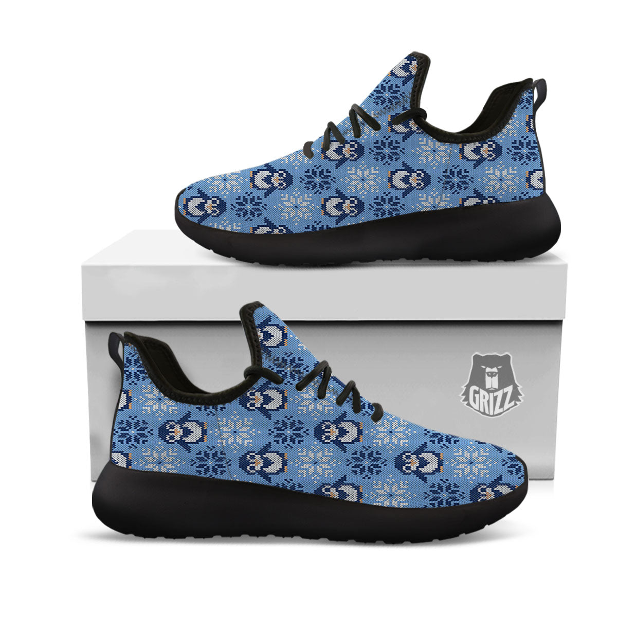 Knitted Snowy Penguin Print Pattern Black Athletic Shoes-grizzshop