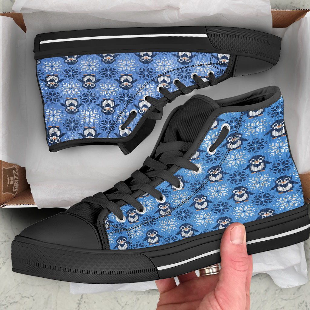 Knitted Snowy Penguin Print Pattern Black High Top Shoes-grizzshop