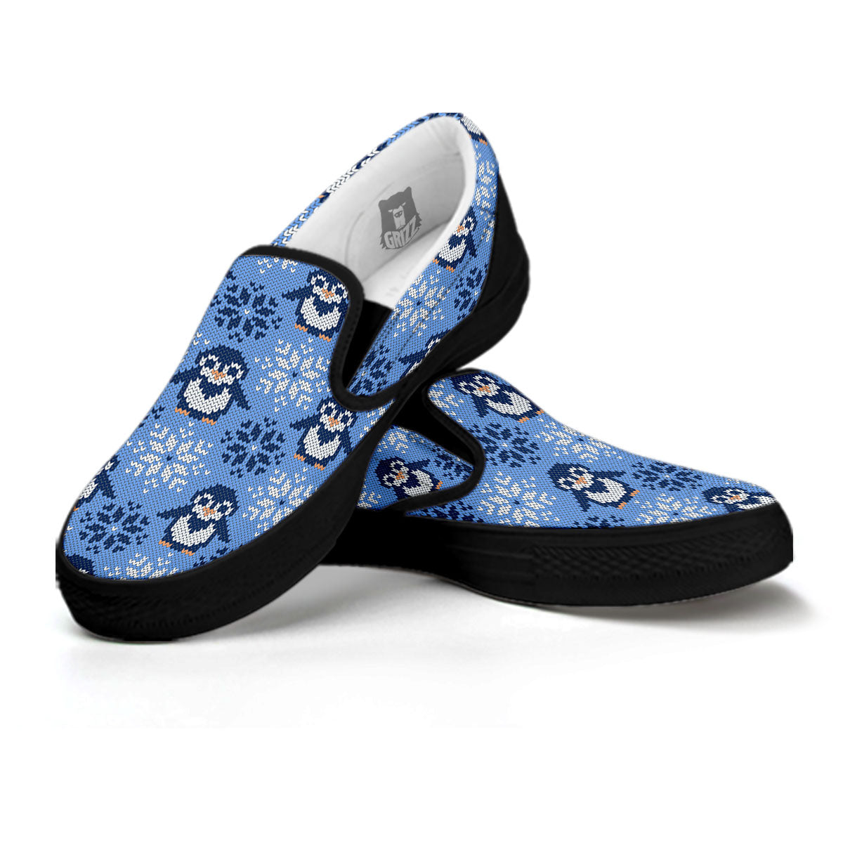 Knitted Snowy Penguin Print Pattern Black Slip On Shoes-grizzshop