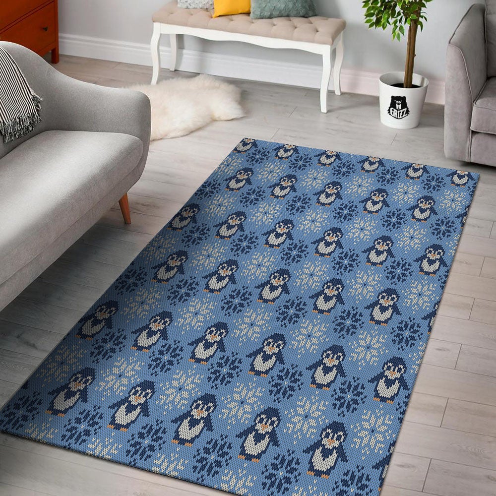 Knitted Snowy Penguin Print Pattern Floor Mat-grizzshop